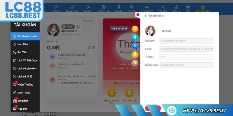 Hoàn tất đăng ký tài khoản nhận 88K miễn phí từ LC88