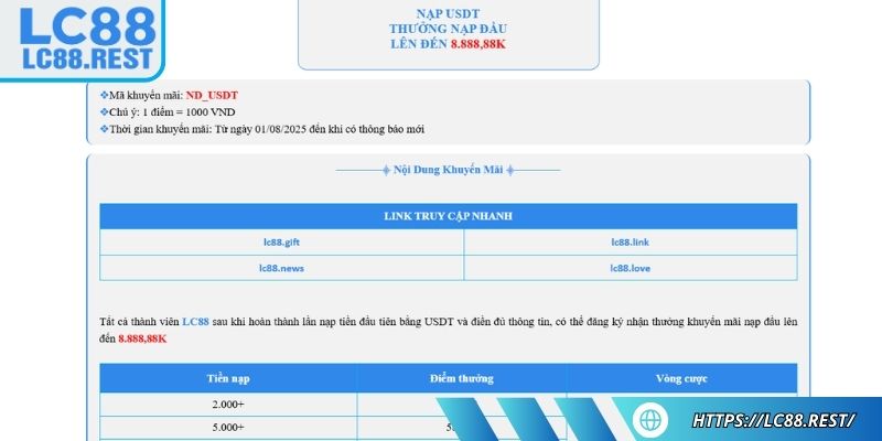 Thưởng đặc biệt khi nạp bằng USDT